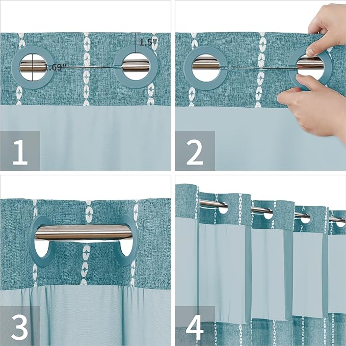 No Hook Extra Long Shower Curtain Set with Snap-in Liner,Linen Textured Thick Striped Fabric with Tassels,Boho Chic Modern Farmhouse Bathroom Curtain,Water-Repellent,Teal,71x86