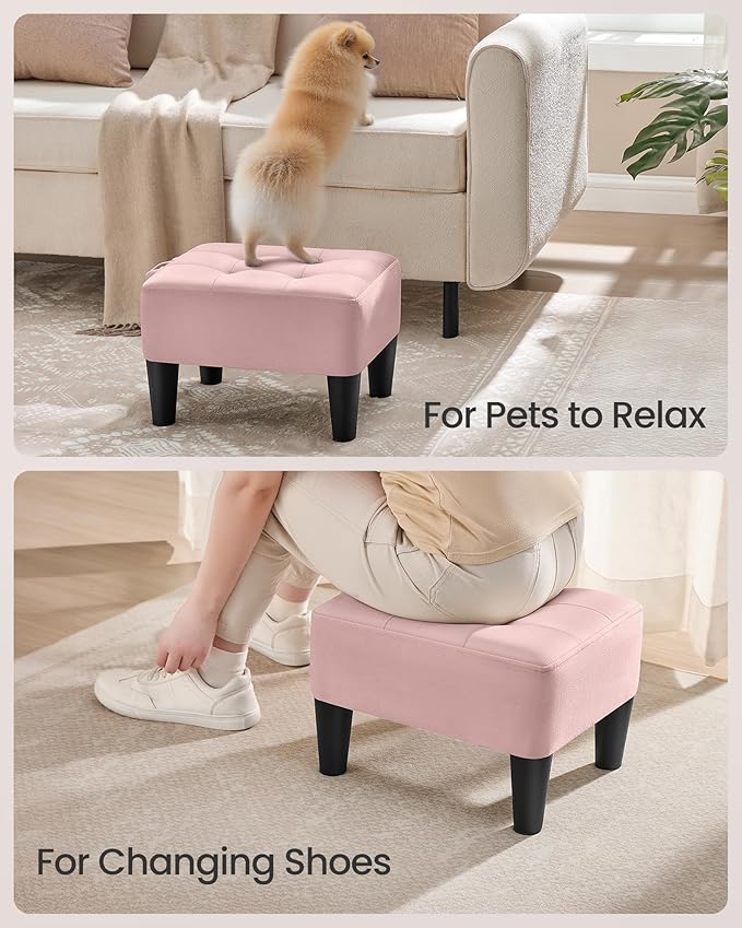 SONGMICS Foot Stool with Legs, Small Footstool Ottoman, Velvet Seat with Thick Cushion, for Living Room, Bedroom, Entryway, 330 lb Weight Capacity, Jelly Pink ULOM501R01
