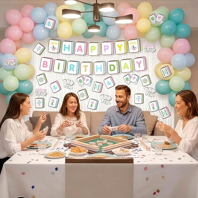 Epakh 39 Pcs Mahjong Birthday Party Decorations Includes 24 Pieces Paper Cards Decor 13 Pcs Happy Birthday Banner 2 Pieces Foil Fringe Curtain Backdrop for Photo Prop Themed Party Supplies