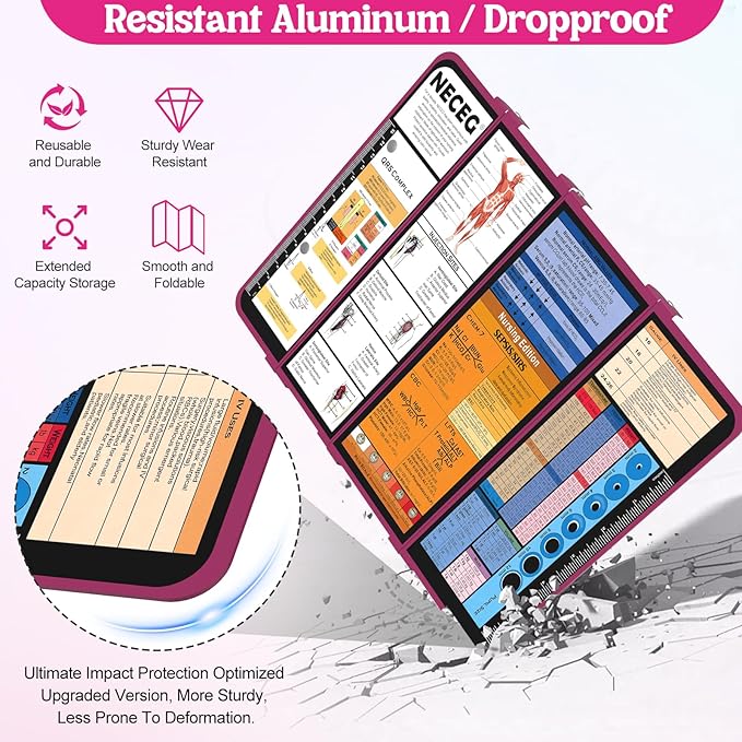 Nursing Clipboard Foldable-4 Layers Aluminum Nurse Foldable Clipboard Nursing Medical Edition Cheat Sheets, Pocket Size Pen Clip for Nurses Students School and Doctors- Wine