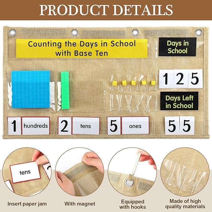 Back to School Counting The Days with Base Ten Pocket Chart Place Value, Counting Caddie Pocket Chart for Classroom Bulletin Board School or Home Decor, 4 Hooks(Burlap Color,Classic Style)