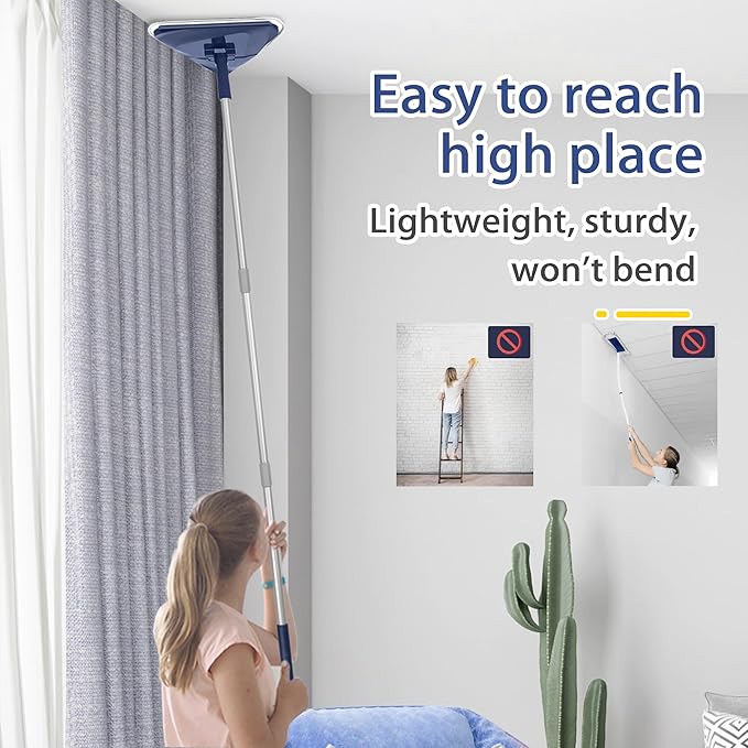 Wall Cleaner Mop with 82" Extendable Handle, 360° Rotating Head & 90° Flip, Microfiber/Chenille Pads, Built-in Squeegee for Ceiling, Wall, Baseboard and Window Cleaning