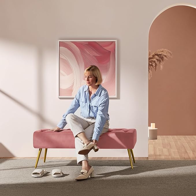 Yaheetech Modern Ottoman Bench Velvet Bench Upholstered Footrest for Living Room with Gold Metal Legs and Padded Seat Pink