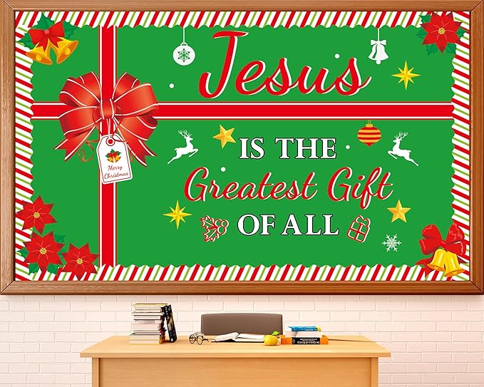 Christmas Religious Bulletin Board Set Jesus is The Greatest Gift of All Classroom Decoration Christian Faith Xmas Gift Box Bows Cutouts for Sunday School Chalkboard Wall Church Xmas Winter Decor