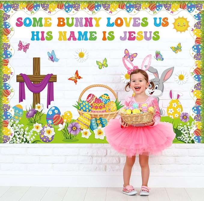 Pasimy Easter Bulletin Board Decorations Set Christian Easter Classroom Decorations Easter Bunny Egg Paper Cut Outs for School Nursery Spring Easter Birthday Party Supplies(Cross)