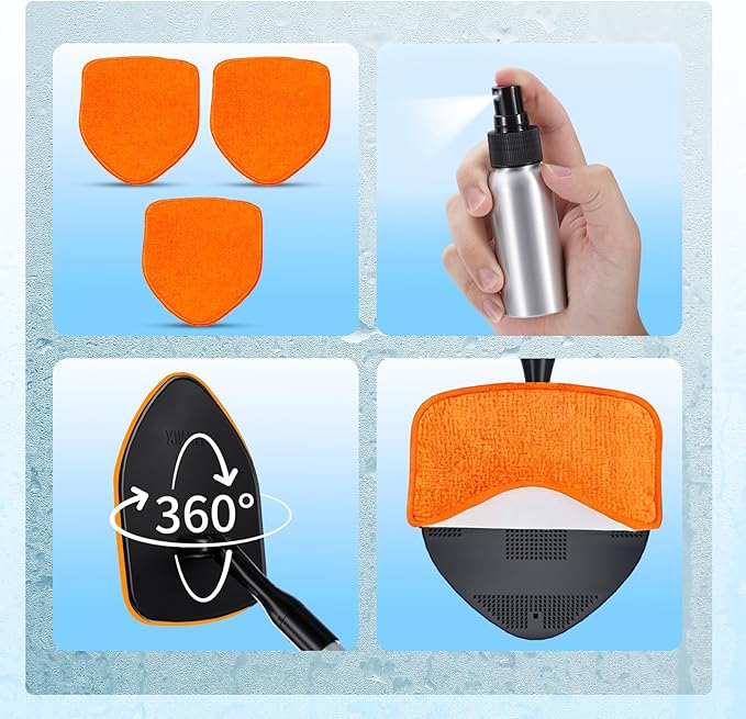 XINDELL Windshield Cleaner Tool, Car Interior Glass Cleaning Kit with 360° Rotating Head Extendable Handle, Reusable Microfiber Pads, Auto Detailing Windshield Cleaning Tool for Cars Trucks -Orange