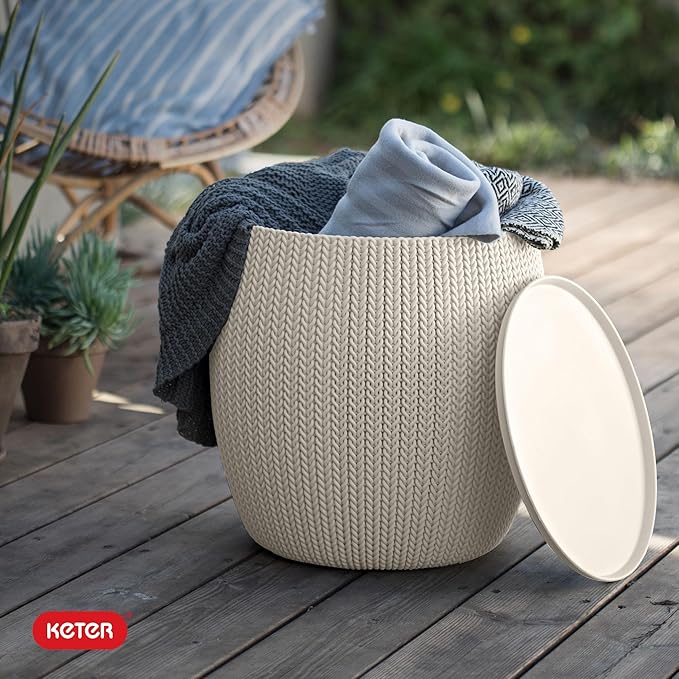 KETER Urban Knit Pouf Ottoman Set of 2 with Storage Table for Patio and Room Décor-Perfect for Balcony, Deck, and Outdoor Seating, Cream & Taupe