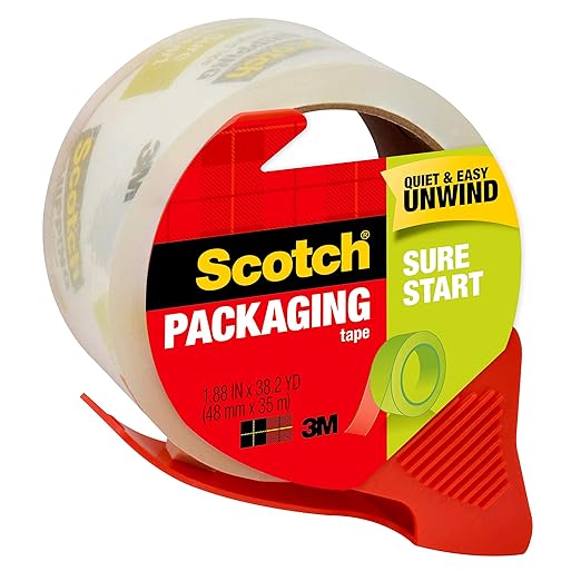 Scotch Sure Start Shipping Packaging Tape, 1.88"x 38.2 yd, Designed for Packing, Shipping and Mailing, Quiet Unwind, No Splitting or Tearing, 1.5" Core, Clear, 1 Dispensered Roll