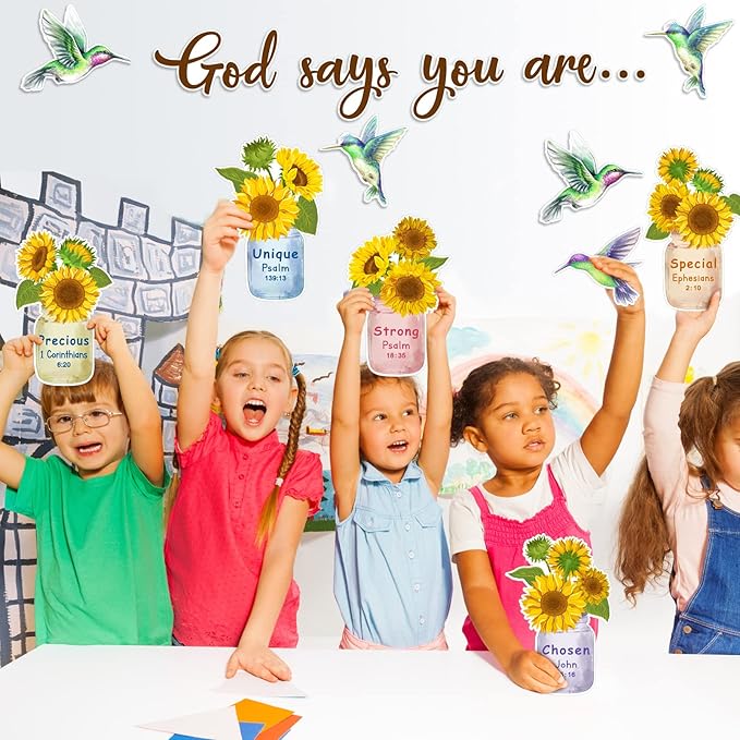 Outus 28 Pcs Sunflower Bulletin Board Set Spring Religious Bulletin Board Decorations Inspired Christian Flower Cutouts Hummingbird God Says You are Wall Art for School Classroom Teacher Kids