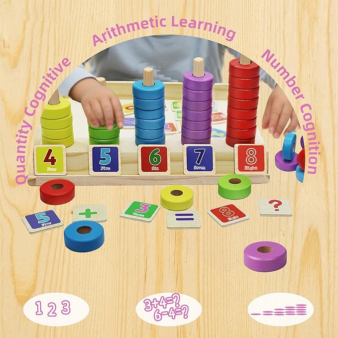 Lydaz Toddler Montessori Math Toys, Wooden Math Manipulatives with Counting Number Blocks, Preschool Kindergarten Learning Activities, Educational Math Toy for Kids 2-5, Christmas Stacking Puzzle Toy
