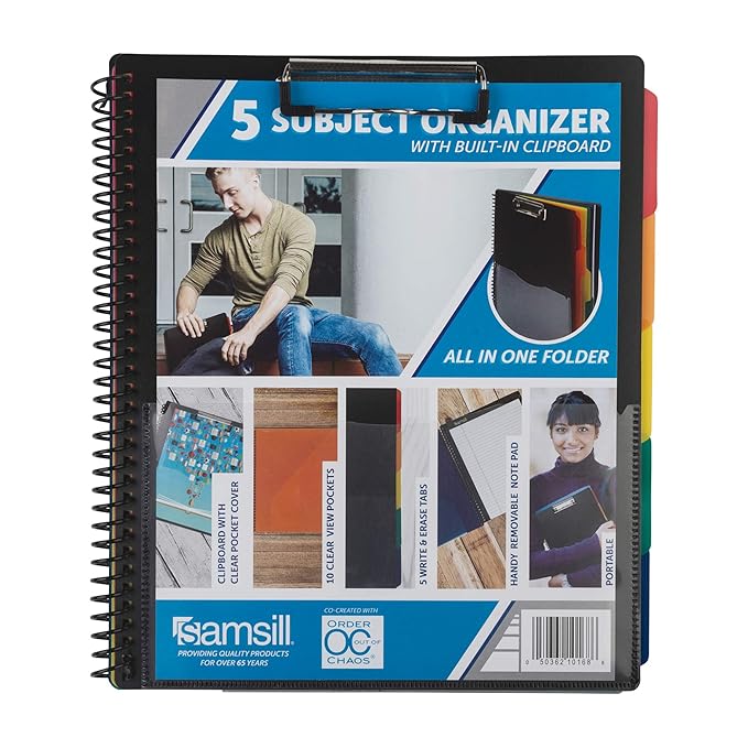 Samsill Spiral Folder Organizer - 5 Dividers & 10 Pockets with Notepad & Clipboard, Multi Pocket Color Cordinated Folder Binder with Customizable Tabs, Document Organizer (Basic)
