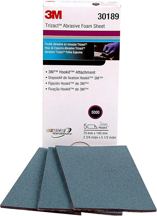 3M Trizact Hookit Foam Sheets, 30189, 5000, 2-3/4 in x 5 1/2 in (70 mm x 140 mm), 5 sheets per carton