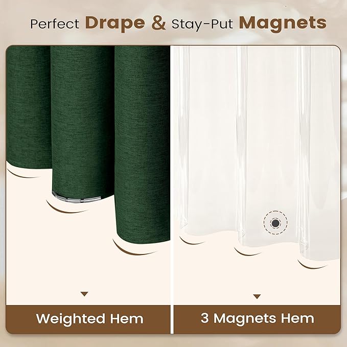 BTTN 3 in 1 Shower Curtain Set, Emerald Green Linen Textured Fabric Shower Curtain and Clear Liner Set with Plastic Hook, Modern Hotel Luxury Weighted Waterproof Shower Curtain for Bathroom, 72x72