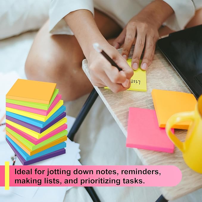 OHOME Sticky Notes - 12 Pads, 3”x3” - Colorful Self-Stick Post Notes Bulk - Office Desk Accessories | Teacher Classroom Must Haves,Aesthetic School Supplies for Home,Easter Basket Stuffers