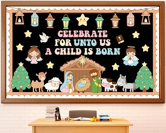 Christian Nativity Religious Bulletin Board Set Christmas Jesus Birth Hippie Classroom Decorations Border Xmas Paper Cutouts for Chalkboard Wall Holiday Christian Church Sunday School Decor
