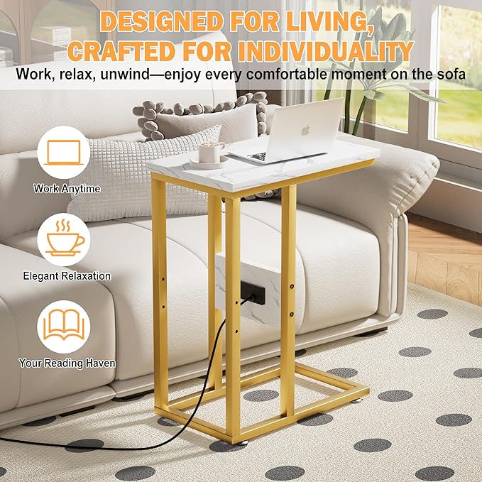 VECELO C Shaped End Table with Charging Station & Power Outlets, Quick Access Side Table for Sofa, C Bedside for Living Room Bedroom 1 Set,Gold