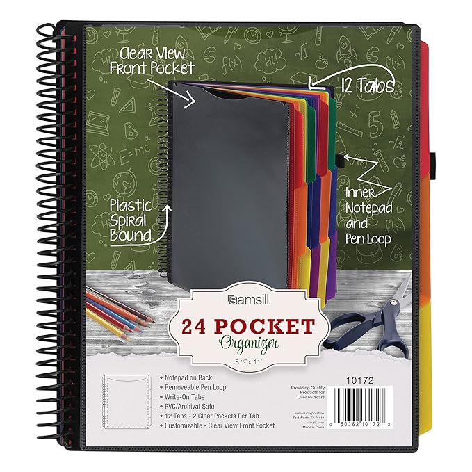 Samsill Spiral Folder Organizer - 12 Dividers & 24 Pockets with Notepad Holder, Multi Pocket Color Cordinated Folder Binder with Customizable Tabs, Document Organizer (Basic)