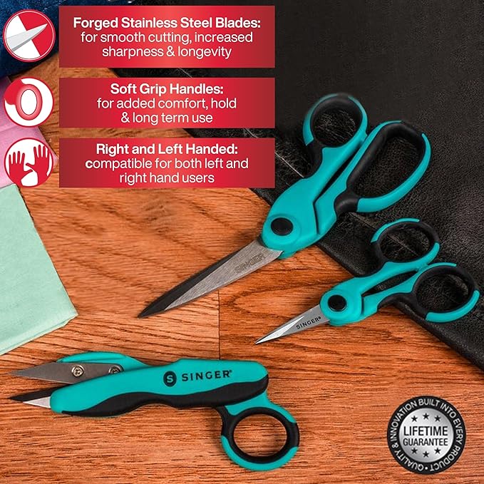 SINGER ProSeries Sewing Scissors Bundle: 8.5" Heavy Duty Fabric, 4.5" Detail Embroidery, 5" Thread Snips With Comfort Grip (Teal)