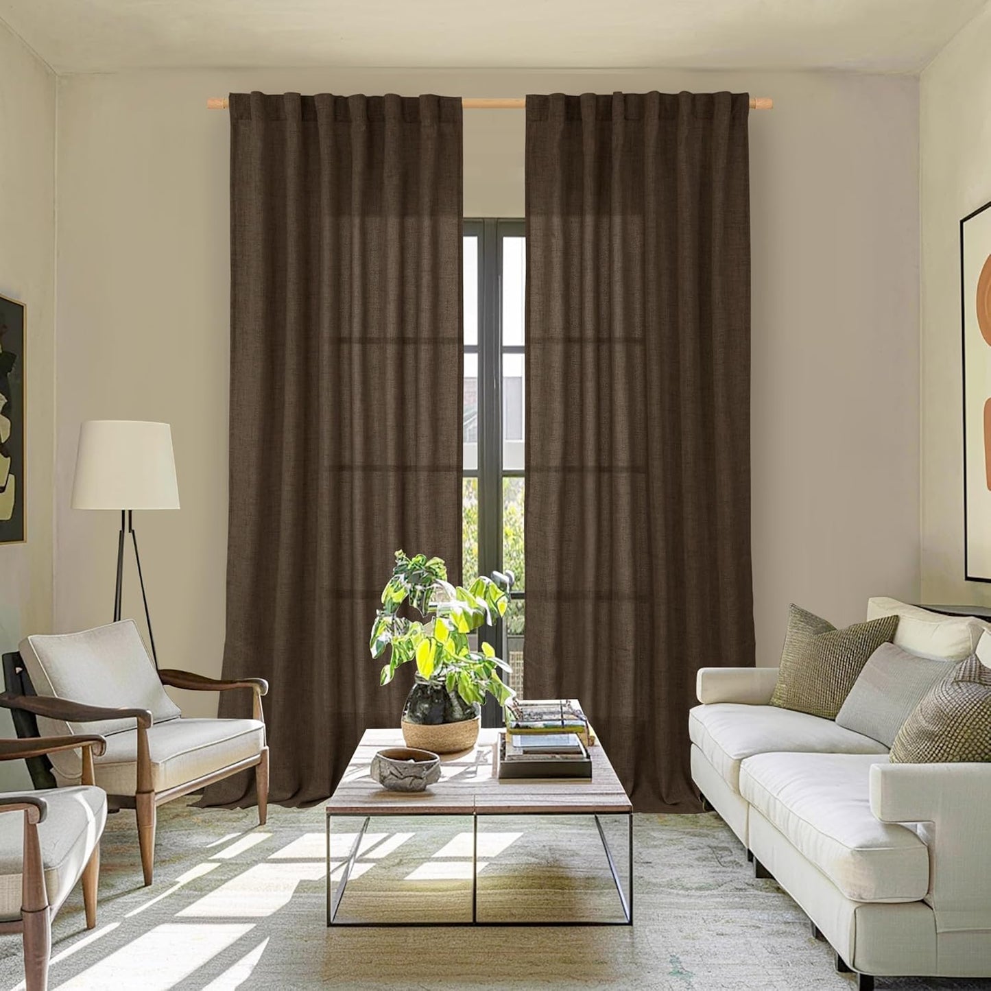 YoungsTex Dark Brown Linen Curtains for Living Room 2 Panels, Chocolate Light Filtering Window Drapes with Rod Pocket Back Tab Textured Semi Sheer for Dining Bedroom, 52 X 72 Inch