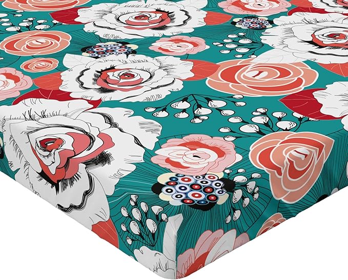 Ambesonne Floral 2 Pack Fitted Sheet, Colorful Flower Arrangements, Bed Cover All-Round Elastic Deep Pockets 2 Pieces, Package Contains 2 Full Size Fitted Sheets, Dark Seafoam Multicolor