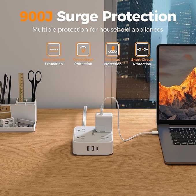TESSAN Surge Protector Power Strip Flat Plug, Long Extension Cord 10 FT with 8 Outlets, 3 USB Ports(1 USB C), 3-Sided Outlet Extender, 900 Joules Protection, Desk Charging Station for Home, Office