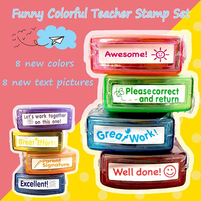 Teacher Stamps for Grading Classroom,Parent Signature Self-Inking Teacher Stamp Set School Supplies Stamps for Homework Reward with 8 pcs Classroom Supplies for School Elementary(Rainbow)