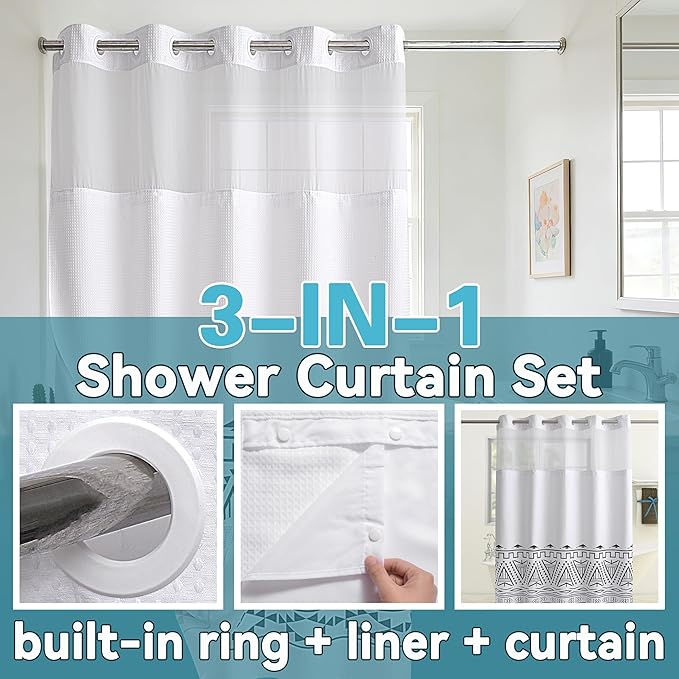 Conbo Mio No Hook Waffle Weave Shower Curtain with Snap in Liner Set, Hotel Luxury Boho Shower Curtains for Bathroom with See Through Top Window, Waterproof, Washable 71W x 74H White