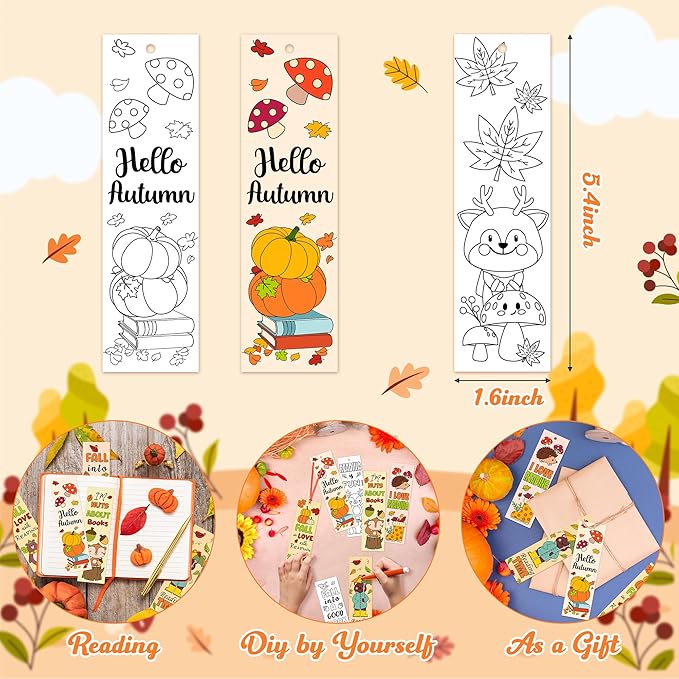 Fall Animal Color Your Own Bookmarks for Kids -120Pcs Fall DIY Coloring Blank Bookmark with Squirrel Hedgehog Classroom Art Craft Supplies for Students Halloween Thanksgiving Reward Goodie Fillers