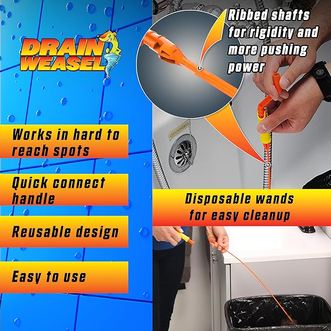 FlexiSnake Pro Drain Weasel Sink Snake Cleaner with New Molded Tip - 18″ - Drain Snake Clog Remover Tool with Rotating Handle & 5 Wand Refills - Easy to Use on Drains & Grates - Made in USA - 5-Pack