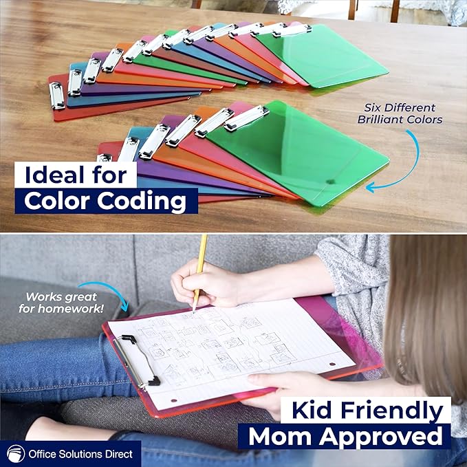 Plastic Clipboards with Low Profile Clip Set of 6-12.5 x 9 Inch Multi Color Plastic Clipboards Bulk - Clear Clip Boards Bulk Classroom Holds 100 Sheets, Acrylic Clipboard Clear 6 Pack