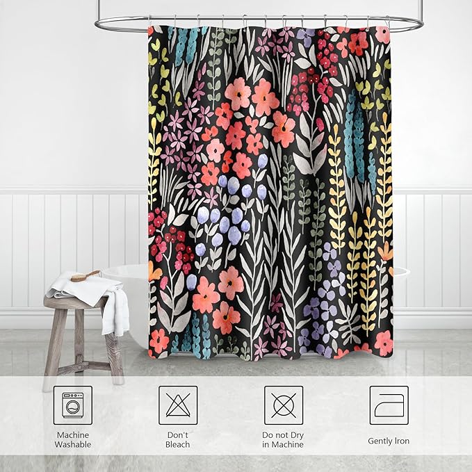 Colorful Floral Shower Curtain 60x72, Cute Boho Flower Fabric Shower Curtain, Funky Watercolor Wildflower Shower Curtain Set, Cottagecore Bohemian Bathroom Decor, Black