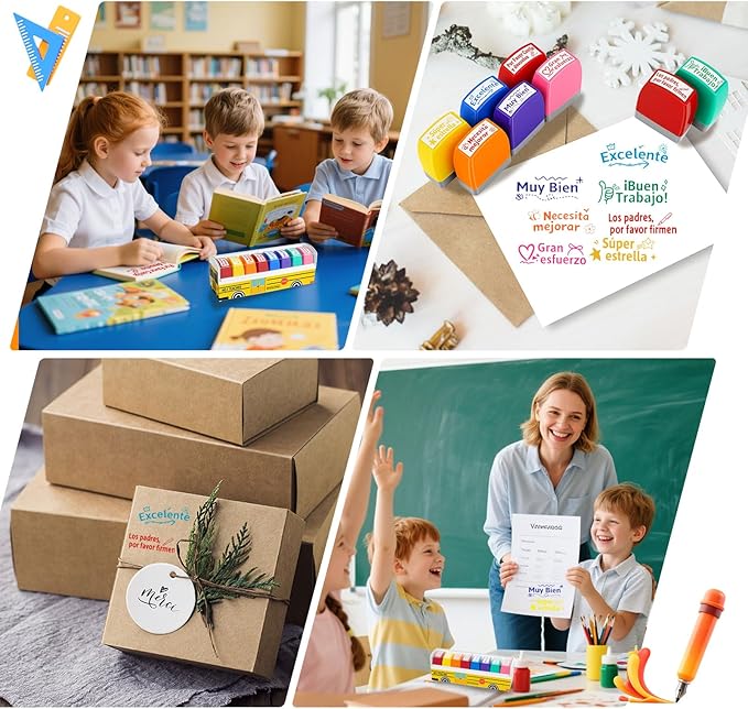 8Pcs Spanish Teacher Stamps Gifts for Classroom Rubber Self Inking Grading Stamps Set Motivation Teacher Stamp for Bilingual School Elementary Kid Homework Reward Supplies, Sellos para Maestros