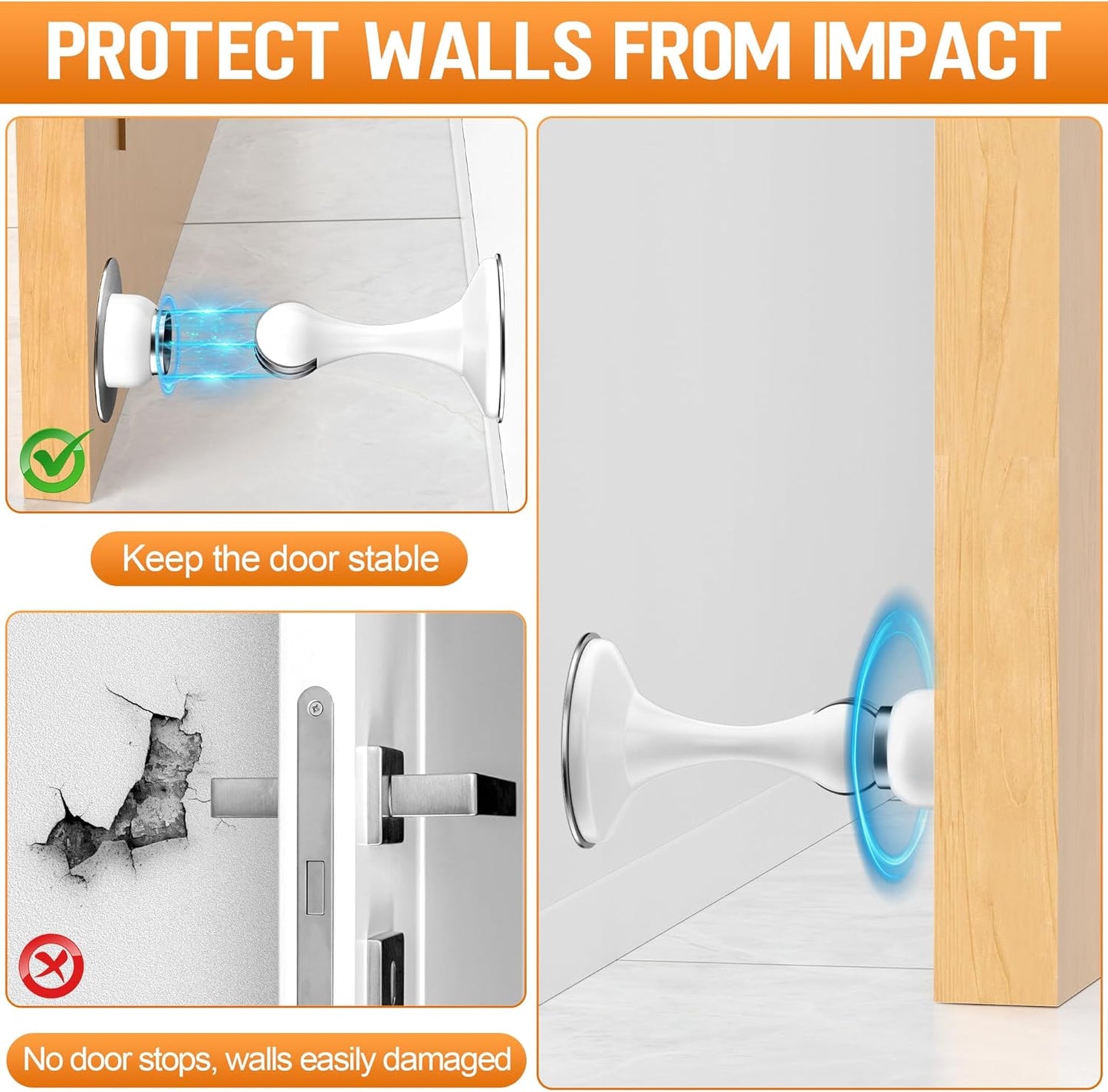 Crosize Magnetic Door Stoppers 4 Pack, Stainless Steel Door Catch for Wall and Floor Mounting, Door Holder Keep Door Open, No Drilling Door Stop with Adhesive Tapes, White