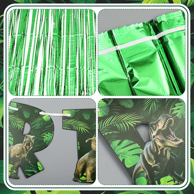 Epakh 39 Pcs Dinosaur Birthday Party Decorations Includes 24 Pieces Dino Paper Cards Decor 13 Pcs Dino Happy Birthday Banner 2 Foil Fringe Curtain Backdrop for Photo Prop Dinosaur Themed Party Supply