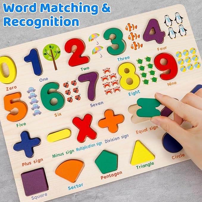 Number Puzzle Wooden Puzzles for Toddlers, Shape Learning Puzzles Toddler Toys with Puzzle Board & Letter Blocks, Preschool Educational for Girls Boys, Pattern Number