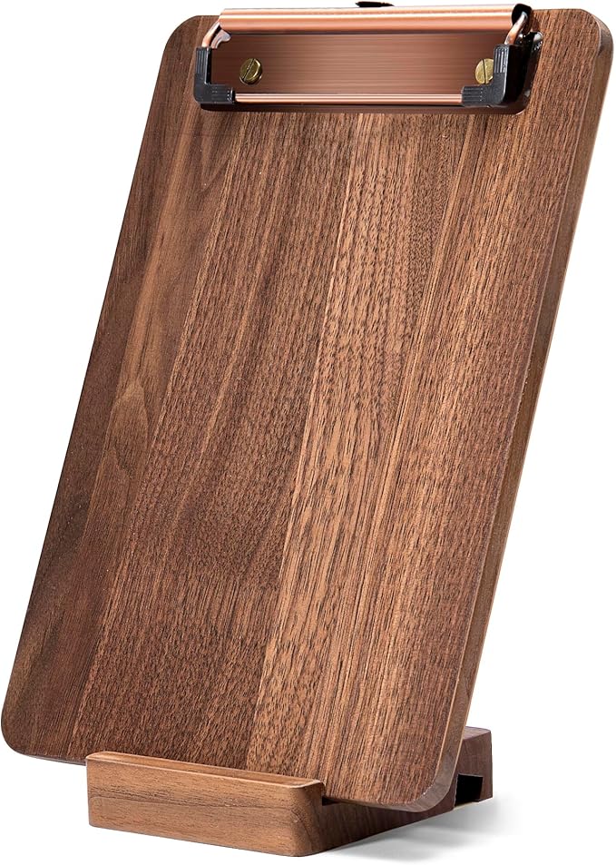 Walnut Wood Clipboard, 9" x 6.3" Small Menu Clip Board with Metal Clip and Stable Base, Solid Hardwood, Smooth Edges, Free Stand Holder for Bar, Restaurant, Coffee Shops, Countertops