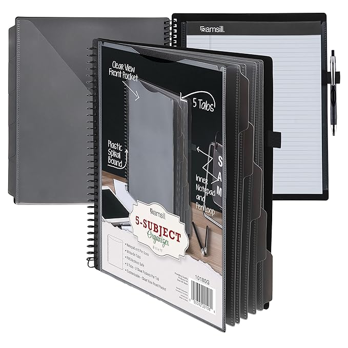 Samsill Spiral Folder Organizer - 5 Dividers & 10 Pockets with Notepad Holder, Multi Pocket Color Cordinated Folder Binder with Customizable Tabs, Document Organizer (Grey)