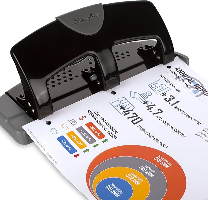 Swingline 3 Hole Punch, 20 Sheet Capacity Three Hole Puncher 3 Ring, Paper Punch, SmartTouch Low Effort, Black & Silver (74133)