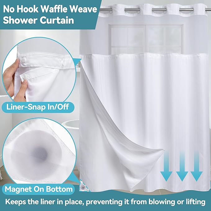 Conbo Mio Extra Long No Hook Waffle Weave Shower Curtain with Snap in Liner Set, Hotel Luxury White Shower Curtains for Bathroom with See Through Top Window, Waterproof, Washable 71W x 84H Stripe