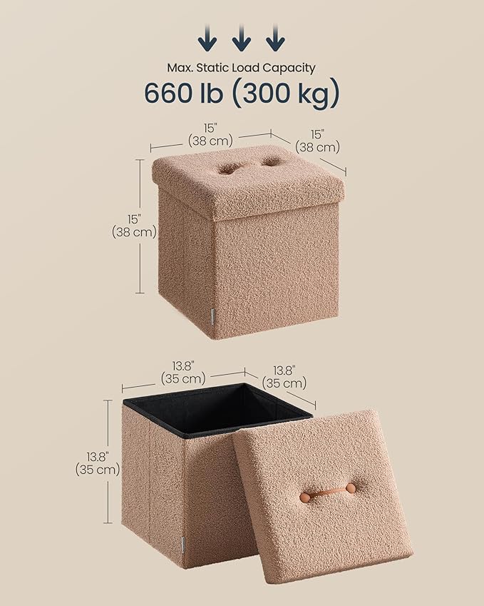 SONGMICS Small Folding Storage Ottoman, Foot Rest Stool, 15 x 15 x 15 Inches, Ottoman with Storage, Load up to 660 lb, for Living Room, Bedroom, Dorm, Camel Brown ULSF095K01