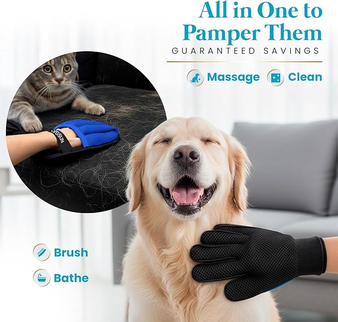 3-in-1-Pet Hair Remover Gloves for Cats & Dogs, Grooming & Deshedding Mitt Set – 2 Gloves + Extra Pad, Reusable Fur Removal Tool for Shedding, Sofa, Clothes, Carpet & Car Interior