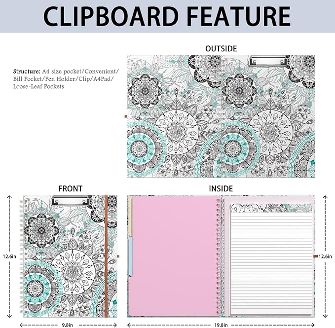 Rimilak Spiral Clipboard Folio with Refillable Lined Notepad, 14.5 x 9.8 In, Hardcover Cover with 5 Interior Pockets, Elastic Band and Pen Loop Series. Cute Stylish Clipfolio, Mandala Flower