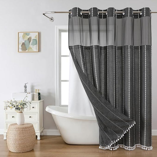 Boho Farmhouse No Hook Shower Curtain Set with Snap-in Fabric Liner,Heavy-Duty Linen Textured Rustic Striped Design,Water-Repellent with Tassels and Sheer Window,Charcoal Grey,71x74