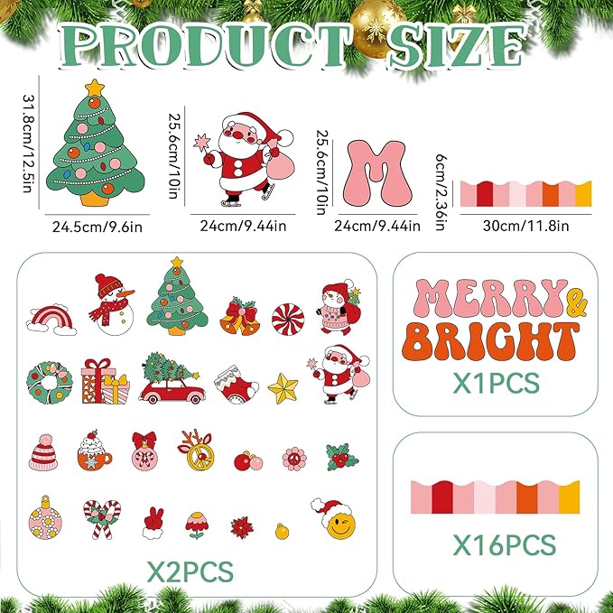 Groovy Christmas Bulletin Board Decoration Set Retro Merry Christmas Borders Cutouts for Xmas Holiday Party School Classroom Door Welcome Bulletin Board Craft Home Wall(Merry & Bright)