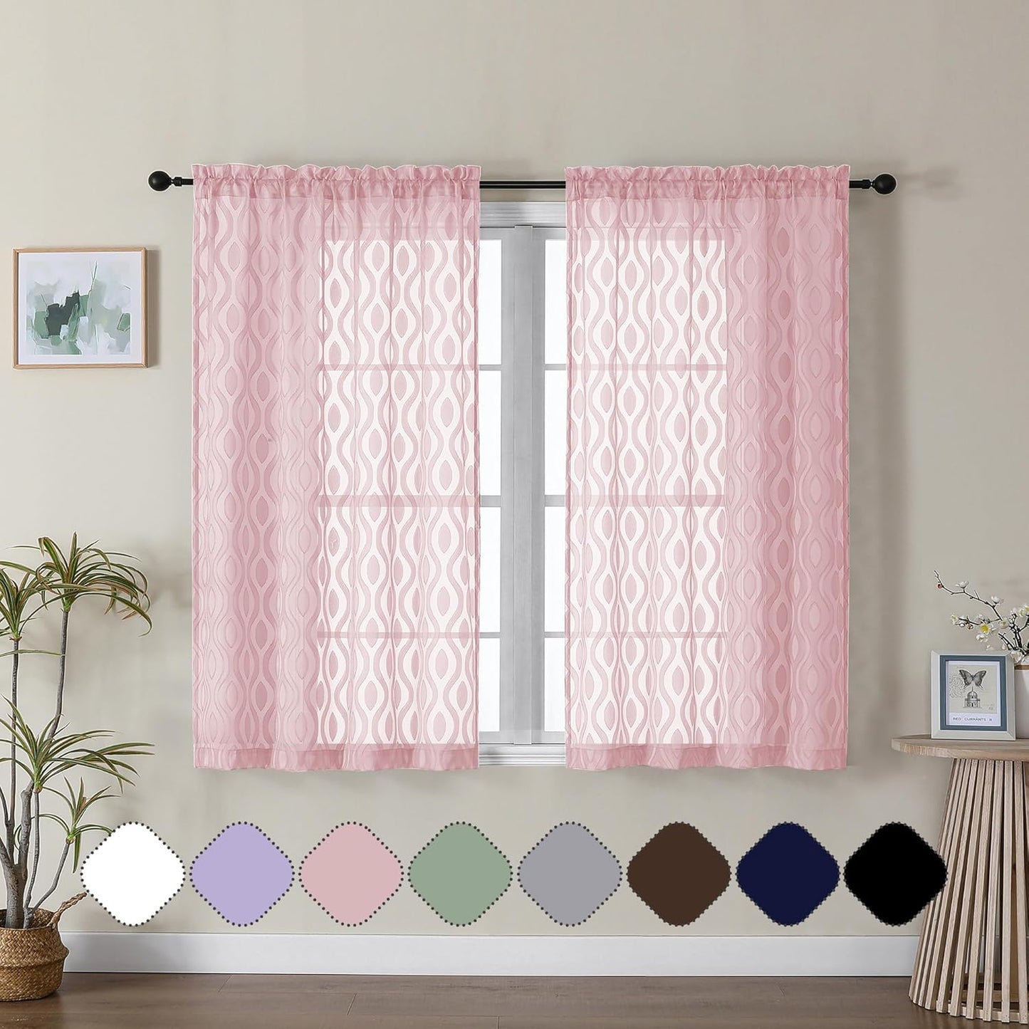 Aiyufeng Sheer Pink Curtain 45 Inch Length 2 Panels Set, Farmhouse Clip Jacquard Textured Short Window Curtains, Lightweight Chic Wavy Line See Through Curtains for Bedroom, 40" Wx45 L Inches