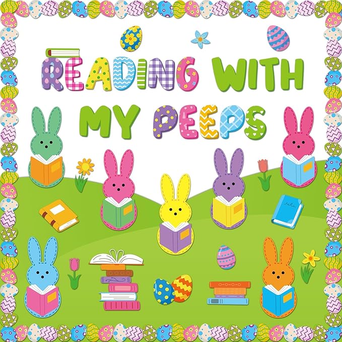 gisgfim Easter Reading Bulletin Board Decoration Set Spring Easter Bunny Egg Borders Cutouts Decor for Reading with My Peeps Bulletin Board Craft Spring Classroom School Library Home Wall(Bunny)