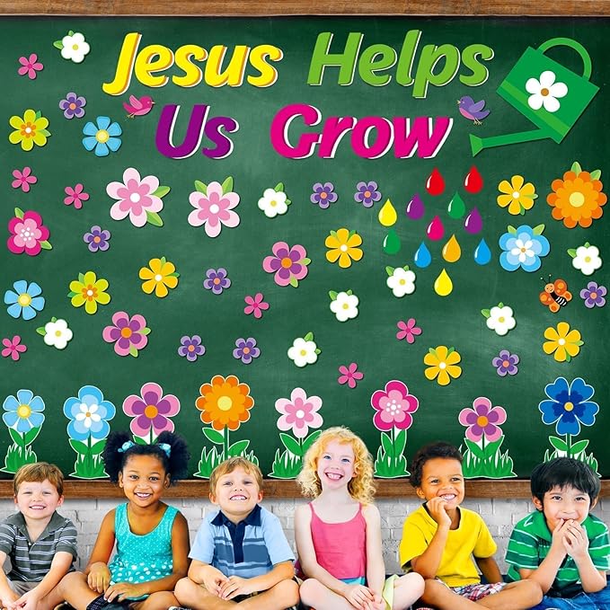 Spring Bulletin Board Decoration Set Jesus Borders Cutouts Religious Bulletin Board Sets for VBS 2025 Sunday School Bible Classroom Door Christian Welcome Craft Home Wall (Jesus Helps Us Grow)