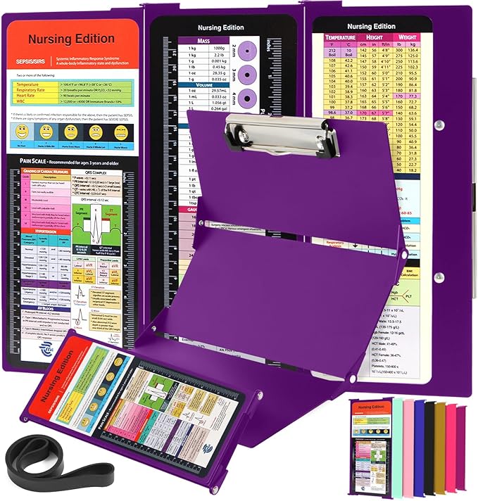 Nursing Clipboard with Nursing and Medical Edition Cheat Sheets 3 Layers Aluminum Foldable Nurse Clip Board Nursing Student Essentials - Foldable Clipboard Nursing Nursing School Essentials (Purple)