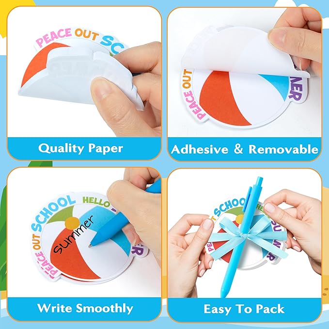Xqumoi Summer End of The Year Sticky Notes with Pen Gift Set - 24 Set Graduation Gift Pool Beach Self Sticky Writing Memo Pads Ballpoint Pens with Mesh Bag Party Favors School Classroom Supplies