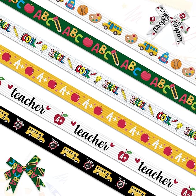 Threetols 6 Rolls 18 Yards Back to School Ribbons, 3/8" School Day Grosgrain Black Green Yellow White Apple Pencil ABC Bus Gift Wrapping Ribbon for Teacher Kindergarten Party Supply